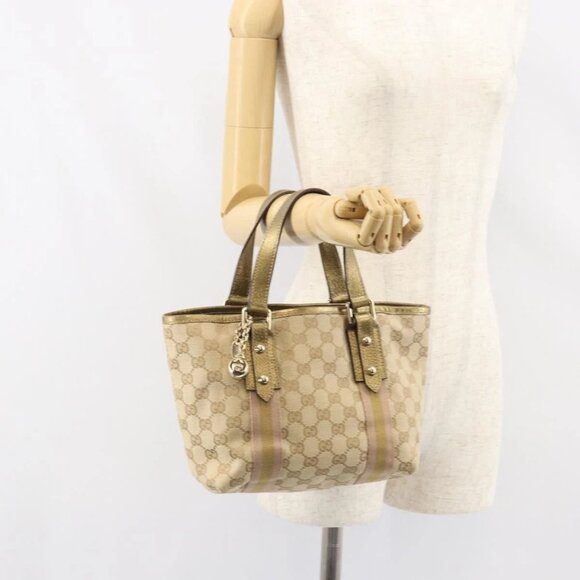 Gucci Handbags - GUCCI GG Canvas Sherry Line Hand Bag Beige Gold 139261 Auth BA8631